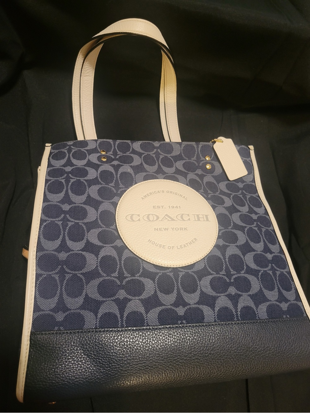 Coach Navy Signature Canvas Tote with Cream Trim